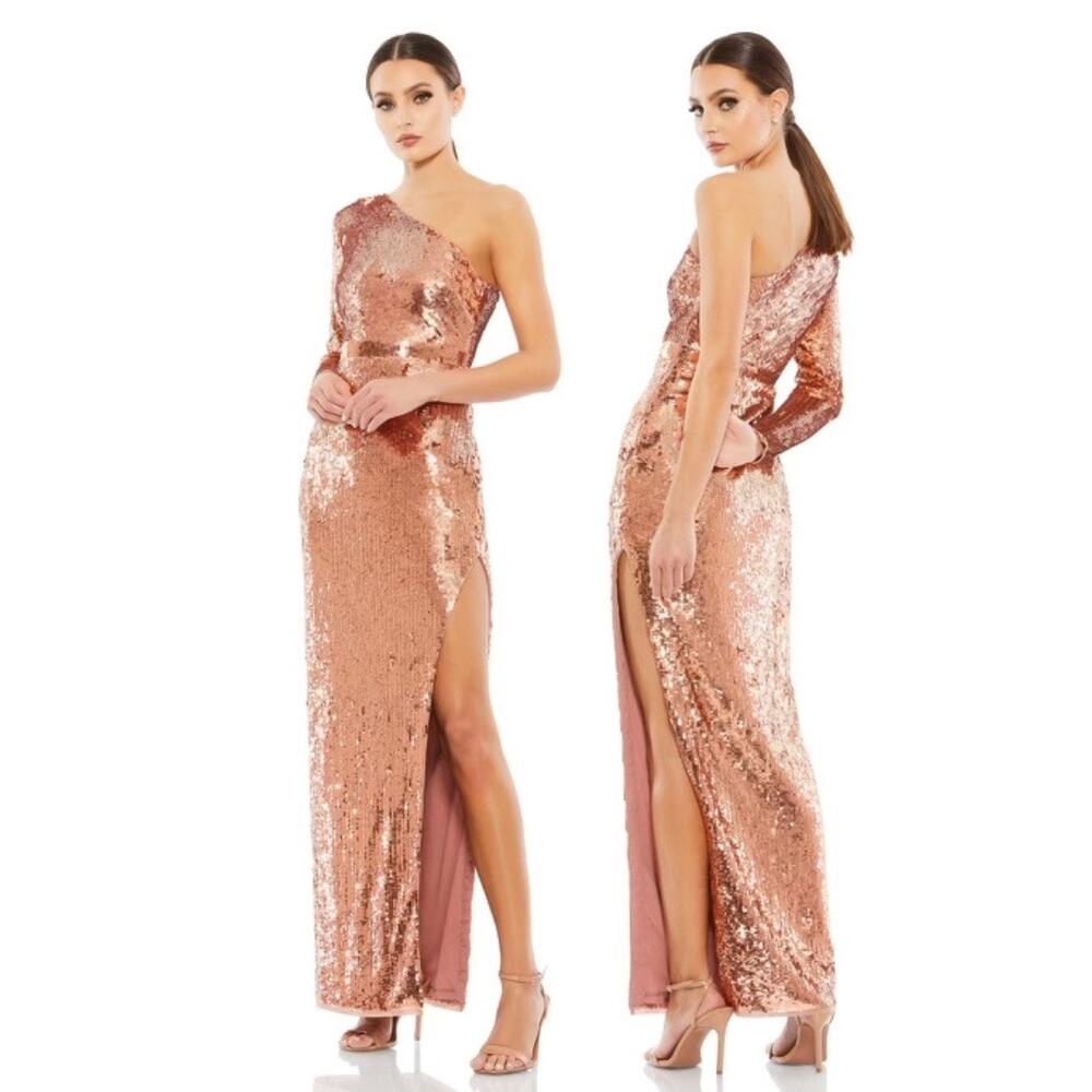 Mac Duggal Copper Sequin One Sleeve High Slit Dress 6 NWT
